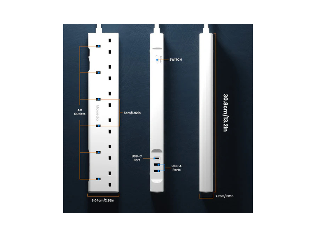 Moxedo 3250W Power Strip Surge Protector 9 Way 1 USB-C PD Ports + 2 USB-A Ports + 6 AC Outlets with 2M Cable Length Moxedo 3250W Power Strip Surge Protector 9 Way 1 USB-C PD Ports + 2 USB-A Ports + 6 AC Outlets with 2M Cable Length